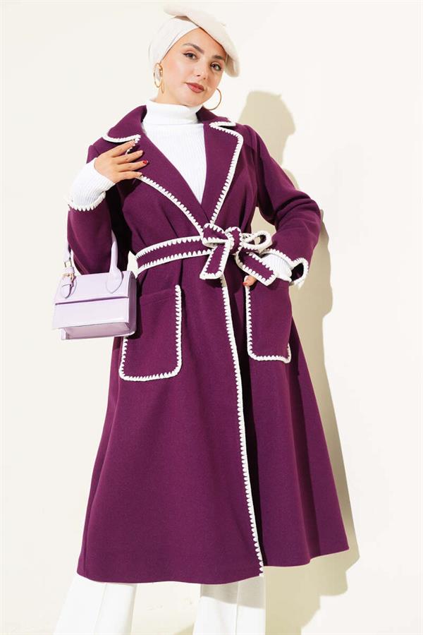 Mussel Stitched Belted Cashmere Coat in Plum