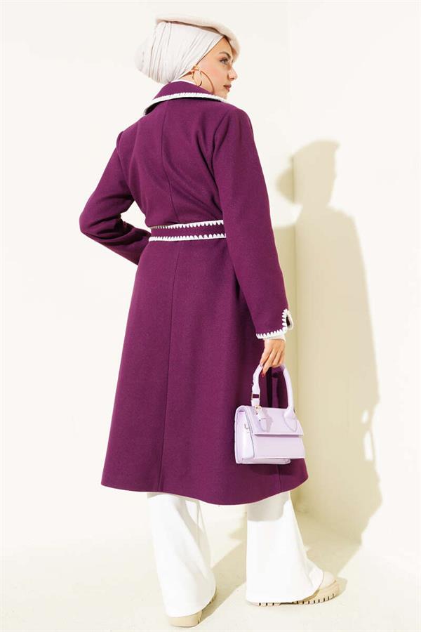 Mussel Stitched Belted Cashmere Coat in Plum