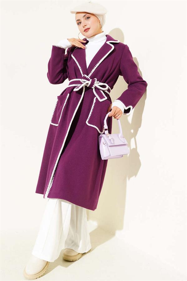 Mussel Stitched Belted Cashmere Coat in Plum