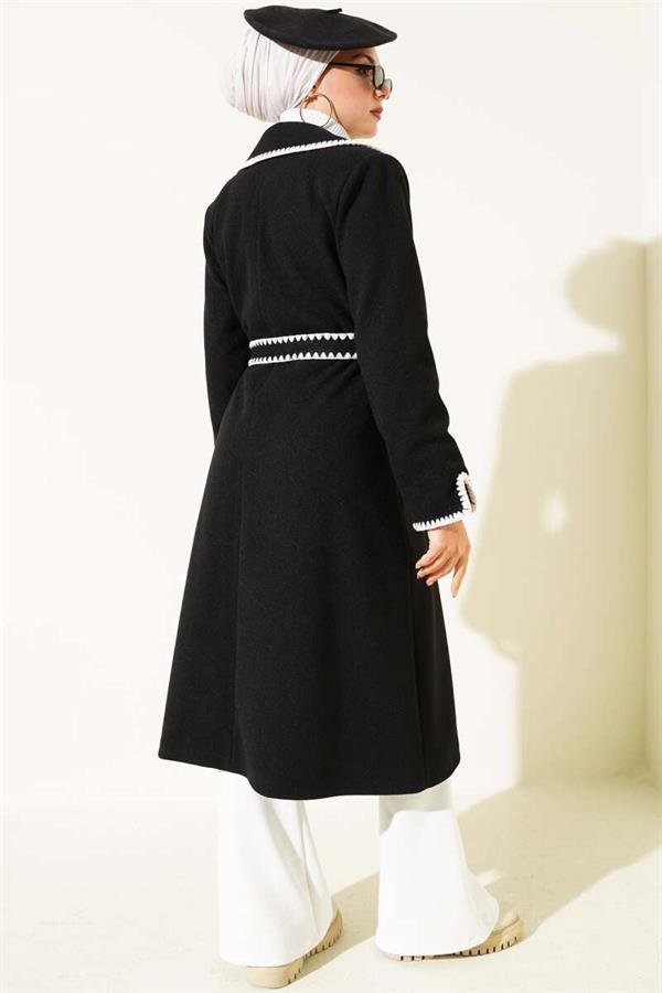 Black Belted Cashmere Coat with Mussel Stitching