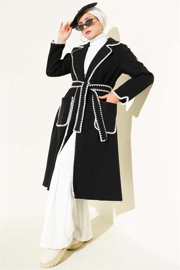 Black Belted Cashmere Coat with Mussel Stitching