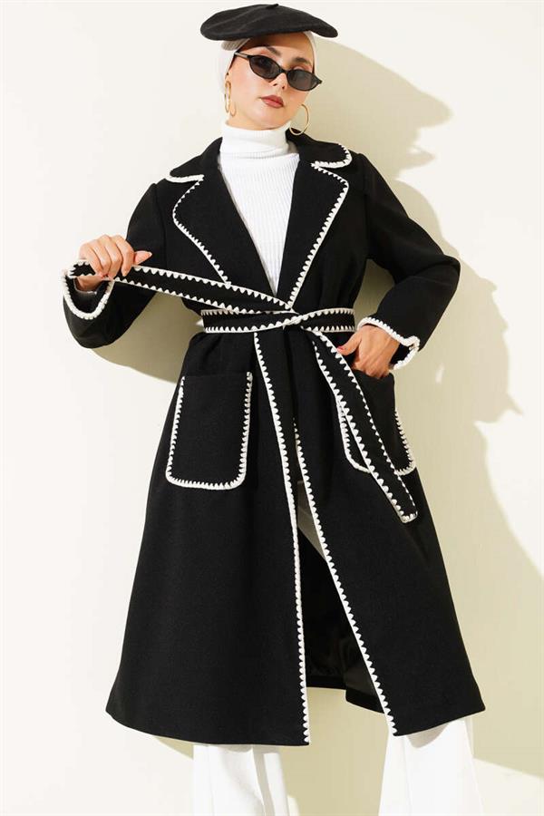 Black Belted Cashmere Coat with Mussel Stitching