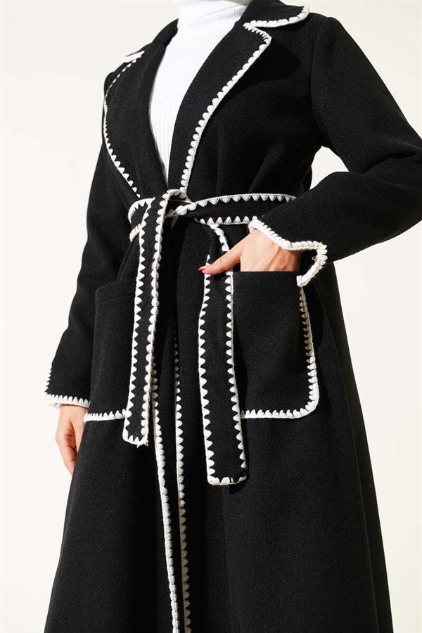 Black Belted Cashmere Coat with Mussel Stitching