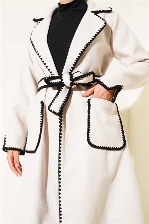 Mussel Stitched Belted Cashmere Coat Stone