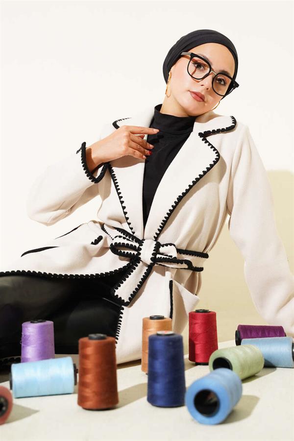 Mussel Stitched Belted Cashmere Coat Stone