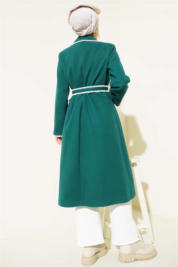 Emerald Green Cashmere Coat with Seashell Stitch and Belt