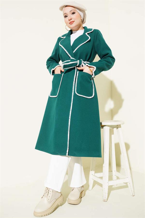 Emerald Green Cashmere Coat with Seashell Stitch and Belt