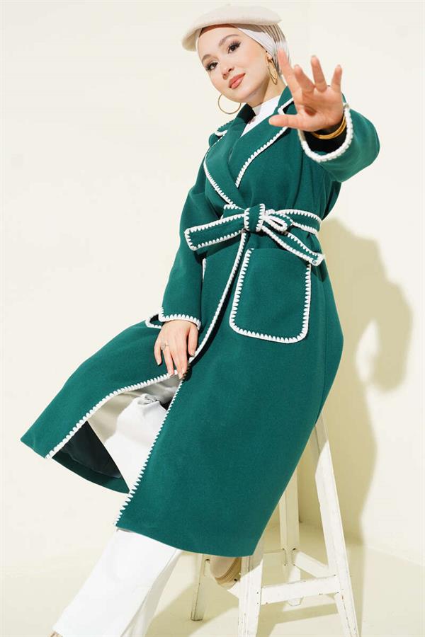 Emerald Green Cashmere Coat with Seashell Stitch and Belt