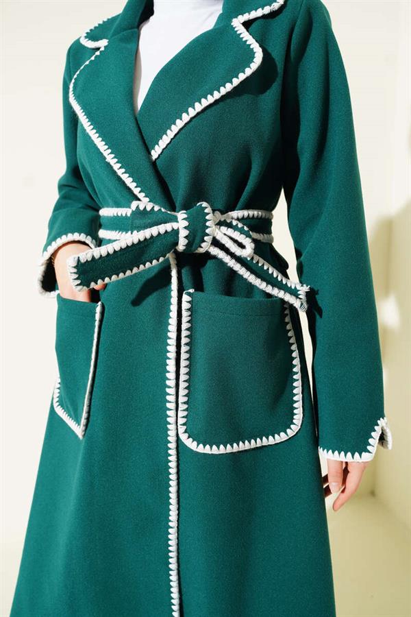 Emerald Green Cashmere Coat with Seashell Stitch and Belt