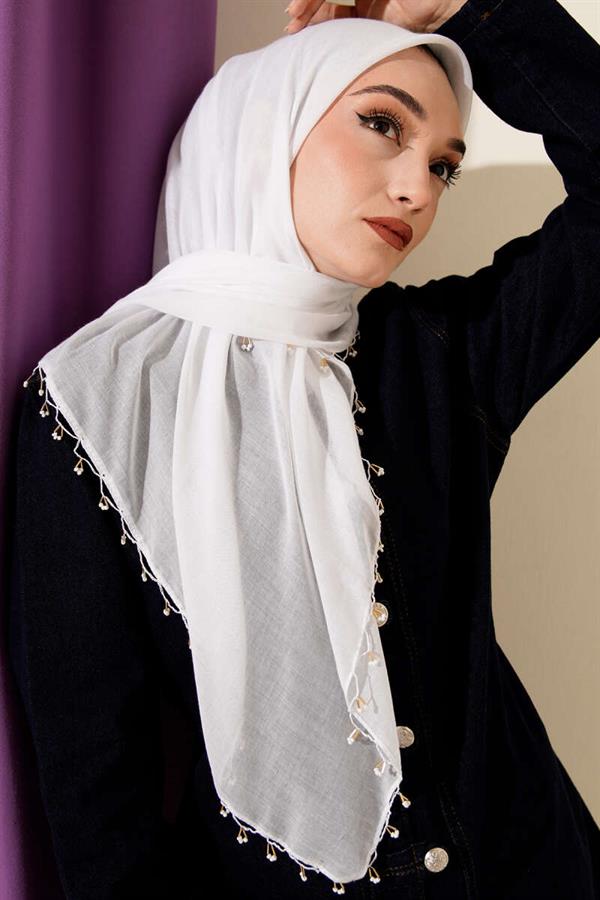 Mini Beaded Detail Scarf White