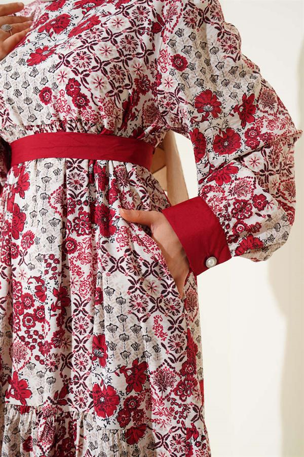 Mini Floral Patterned Dress Burgundy