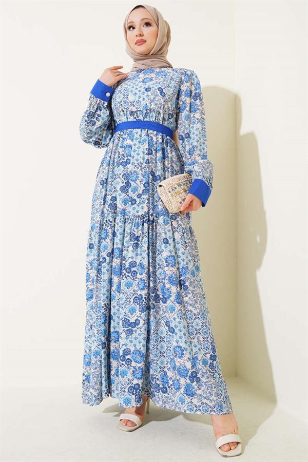 Mini Floral Patterned Dress in Saxe