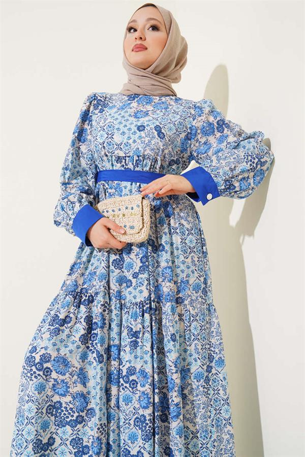 Mini Floral Patterned Dress in Saxe