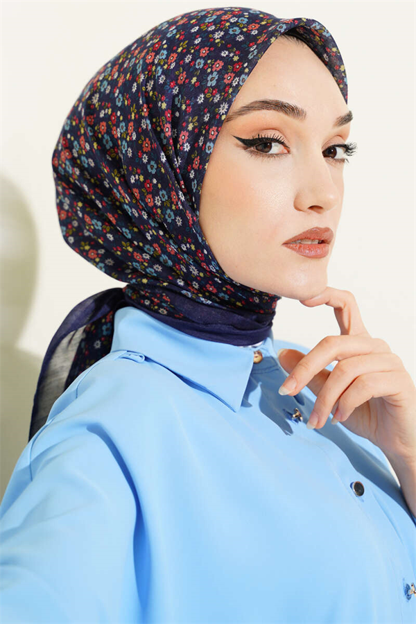 Mini Flower Detail Scarf Navy Blue