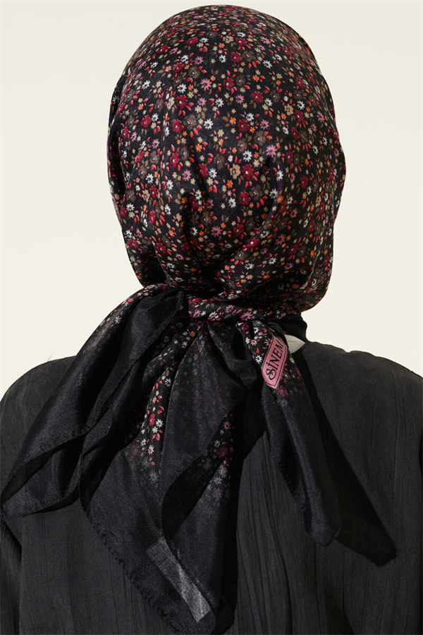 Mini Flower Detail Scarf Black Burgundy