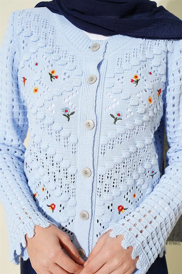 Mini Flower Embroidered Short Knit Cardigan, Blue