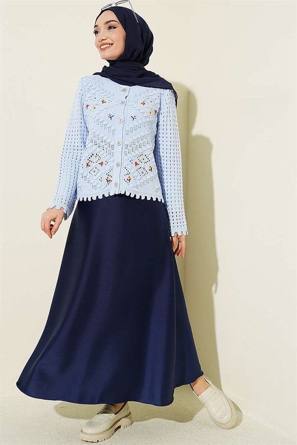 Mini Flower Embroidered Short Knit Cardigan, Blue