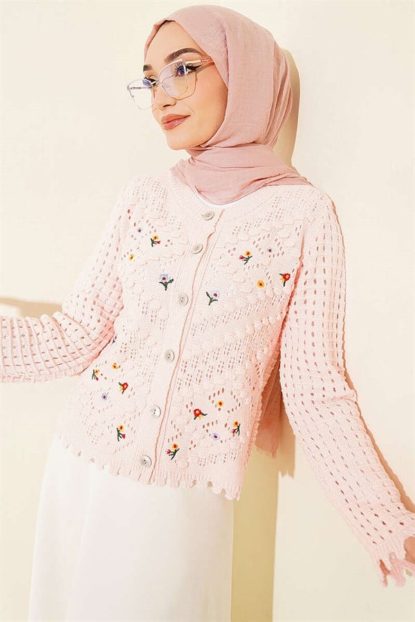 Short Knitted Cardigan with Mini Flower Embroidery, Pink