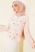 Short Knitted Cardigan with Mini Flower Embroidery, Pink
