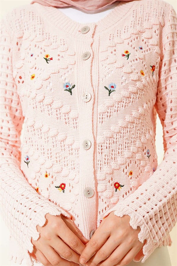 Short Knitted Cardigan with Mini Flower Embroidery, Pink