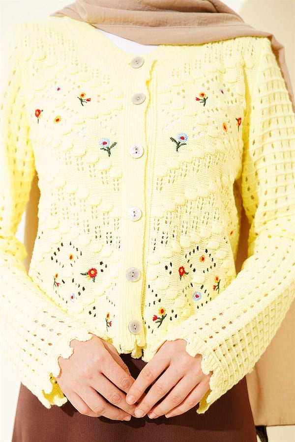 Short Knit Cardigan with Mini Flower Embroidery, Yellow