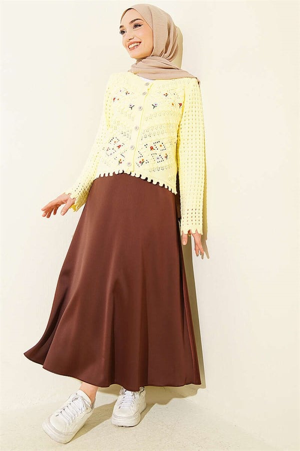 Short Knit Cardigan with Mini Flower Embroidery, Yellow