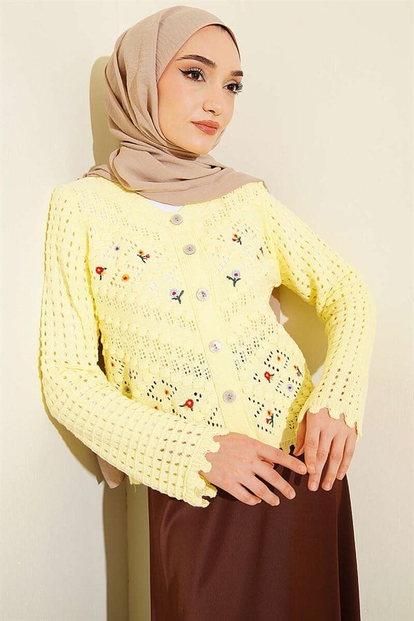 Short Knit Cardigan with Mini Flower Embroidery, Yellow