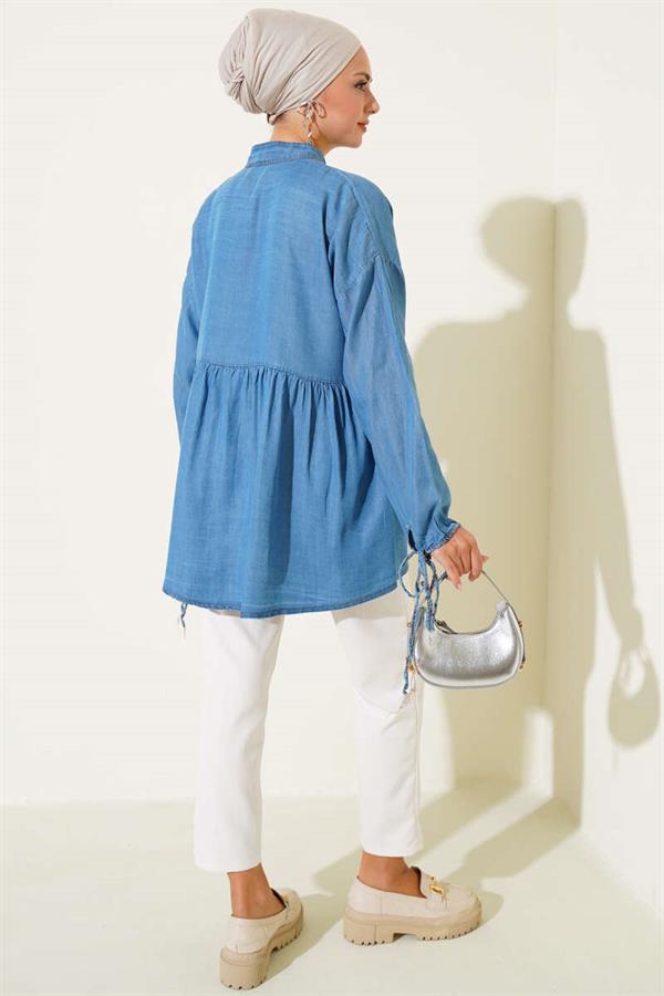 Mini Floral Chest Pocket Denim Shirt Light Blue