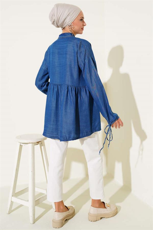 Mini Floral Chest Pocket Denim Shirt Dark Blue