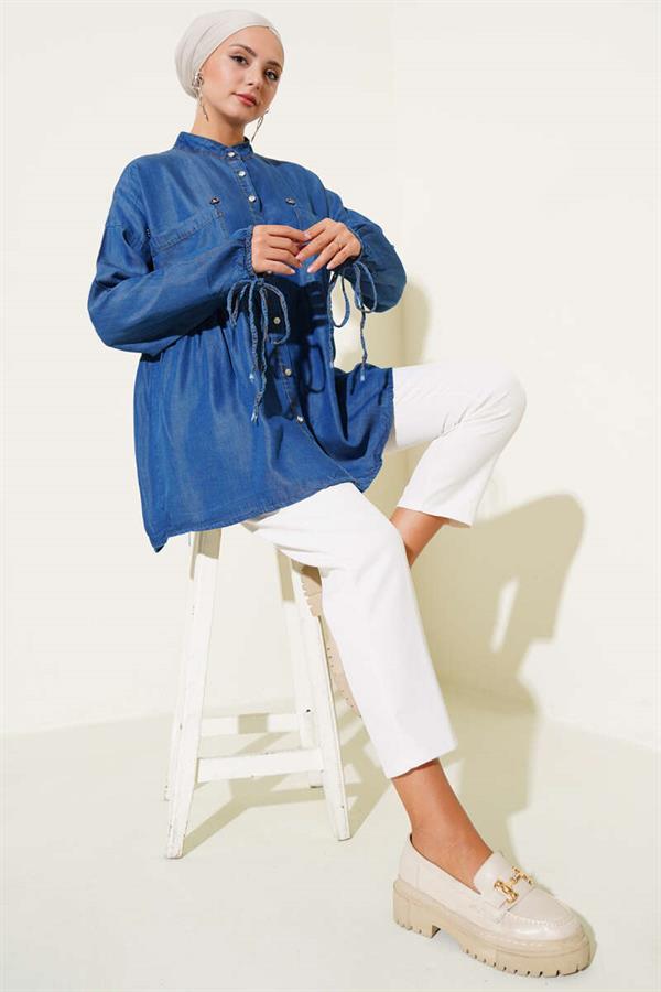 Mini Floral Chest Pocket Denim Shirt Dark Blue