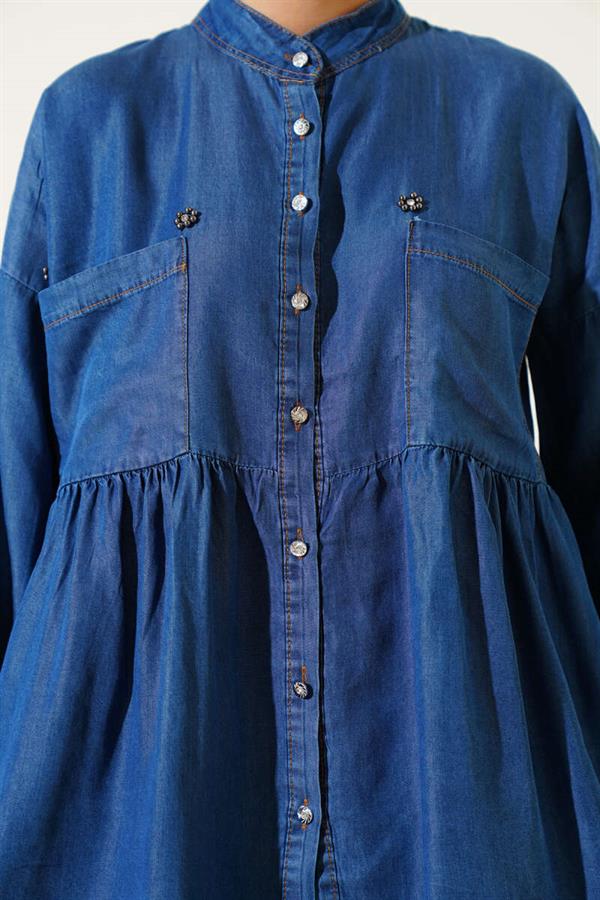Mini Floral Chest Pocket Denim Shirt Dark Blue