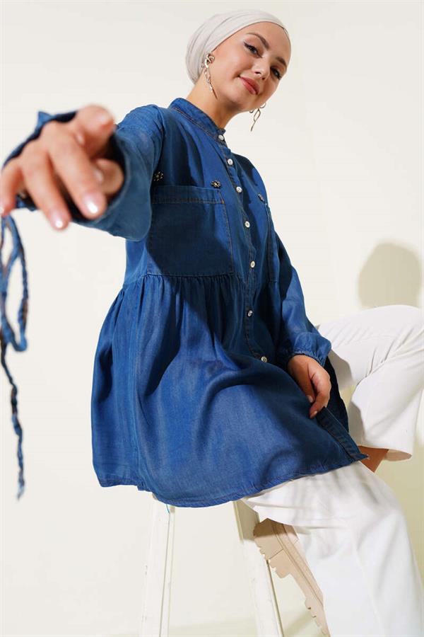 Mini Floral Chest Pocket Denim Shirt Dark Blue