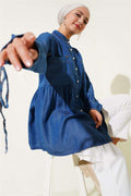 Mini Floral Chest Pocket Denim Shirt Dark Blue