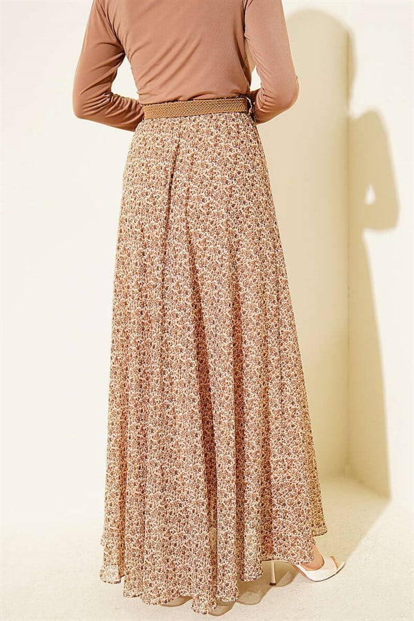 Mini Floral Chiffon Skirt with Woven Belt, Beige