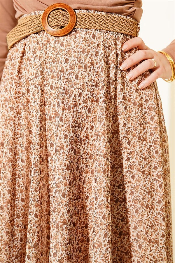 Mini Floral Chiffon Skirt with Woven Belt, Beige
