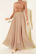Mini Floral Chiffon Skirt with Woven Belt, Beige