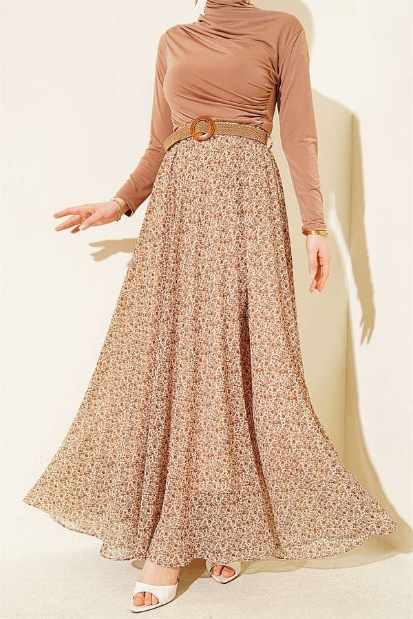 Mini Floral Chiffon Skirt with Woven Belt, Beige