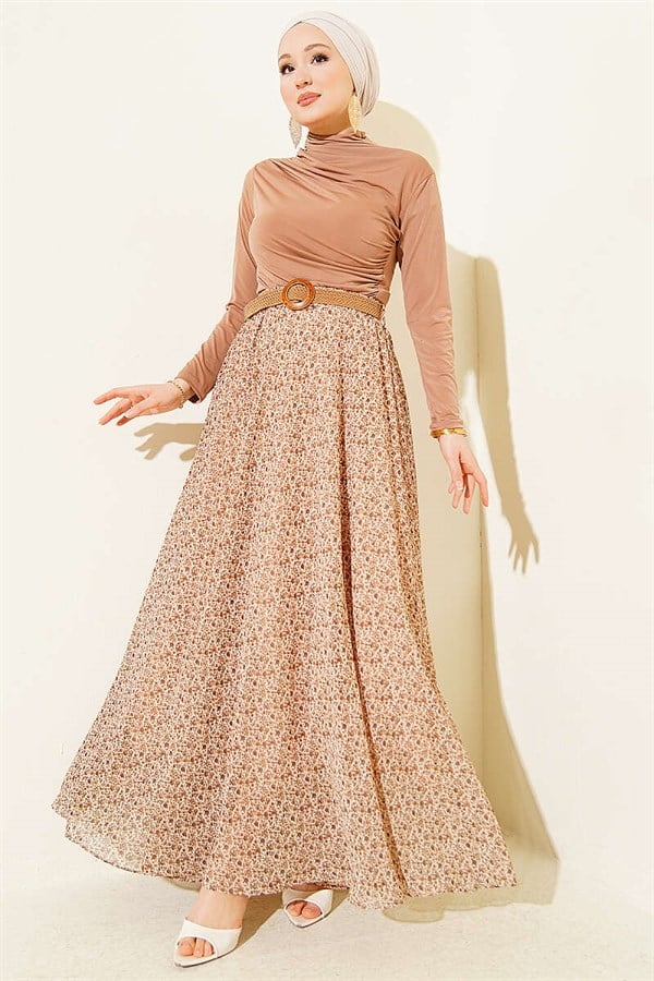 Mini Floral Chiffon Skirt with Woven Belt, Beige