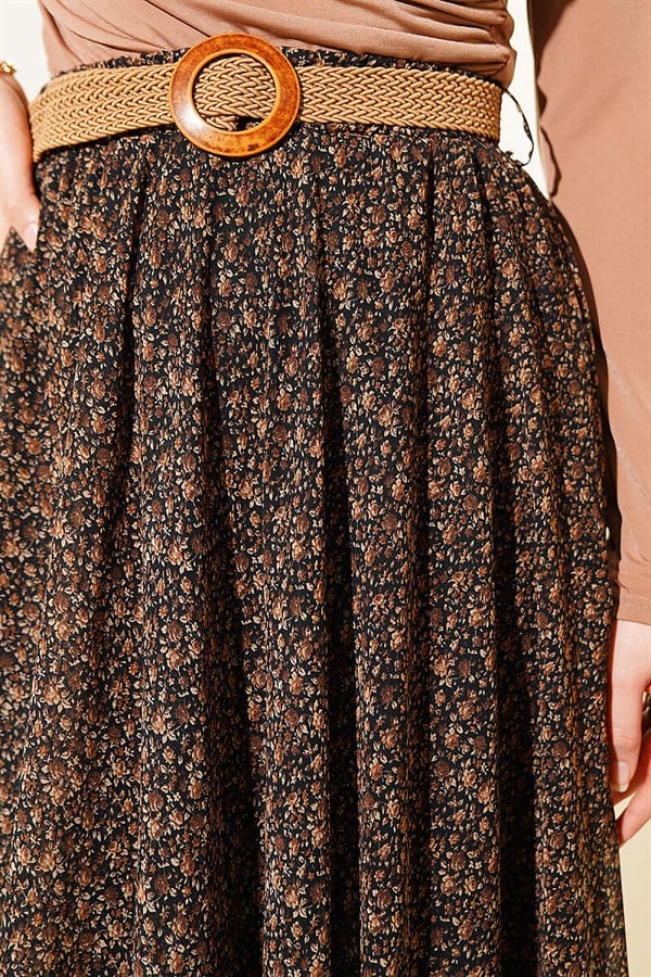 Mini Floral Chiffon Skirt with Woven Belt, Coffee