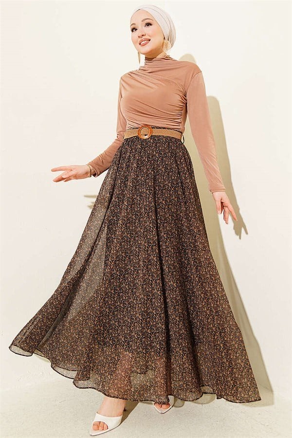 Mini Floral Chiffon Skirt with Woven Belt, Coffee