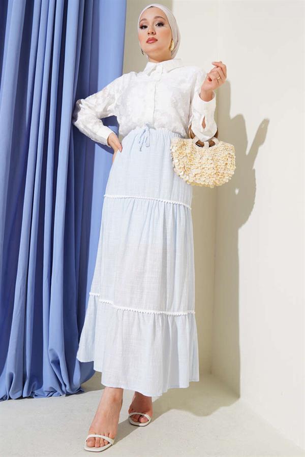 Mini Pompom Detailed Skirt Blue