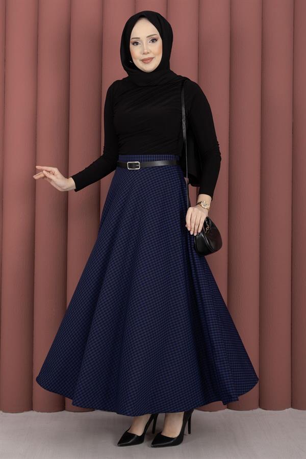 Mini Gingham Pattern Skirt in Navy Blue