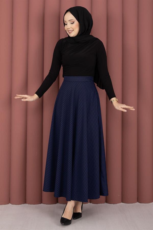 Mini Gingham Pattern Skirt in Navy Blue