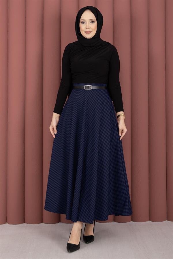 Mini Gingham Pattern Skirt in Navy Blue