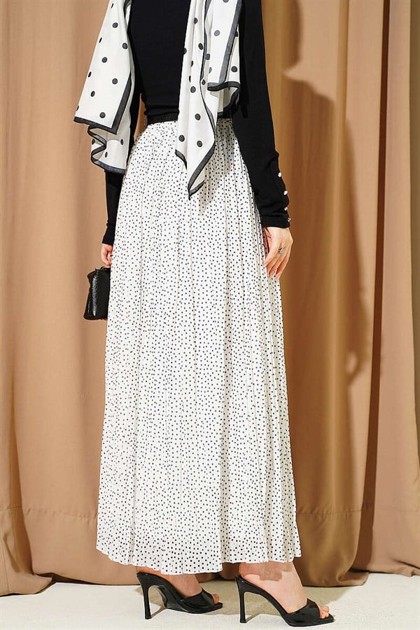 Mini Polka Dot Belted Pleated Skirt White