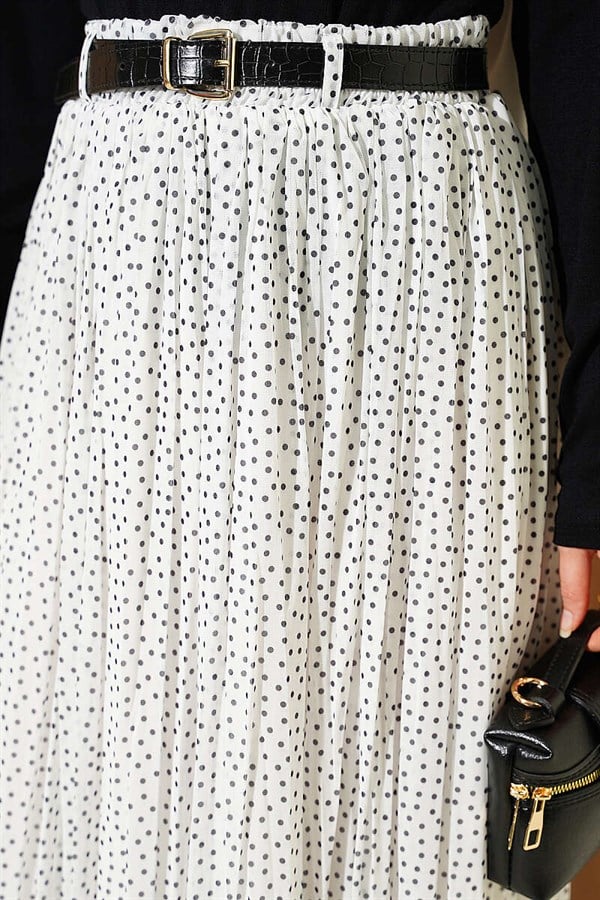 Mini Polka Dot Belted Pleated Skirt White