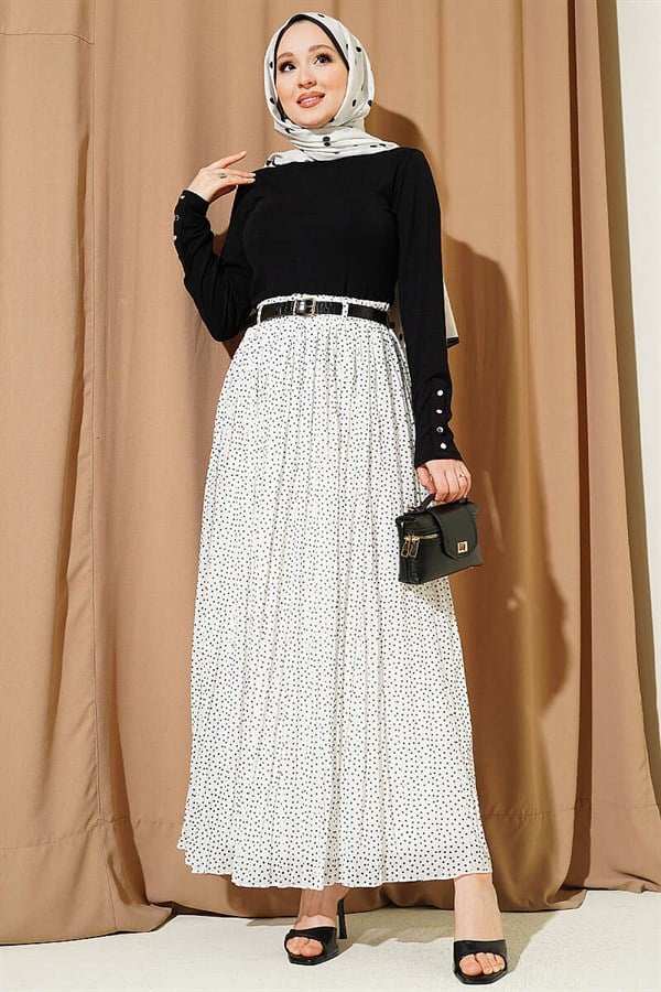 Mini Polka Dot Belted Pleated Skirt White