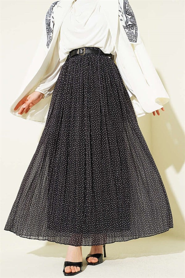 Mini Polka Dot Belted Pleated Skirt, Black