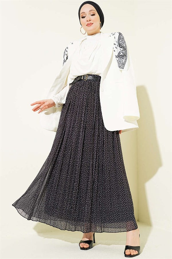 Mini Polka Dot Belted Pleated Skirt, Black
