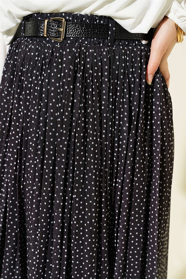 Mini Polka Dot Belted Pleated Skirt, Black